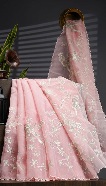 Linen Tissue Saree With Applique Work And Scallop Border - Baby Pink