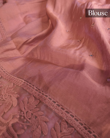 Mul Chanderi saree with Mirror work and lace Border -Rust