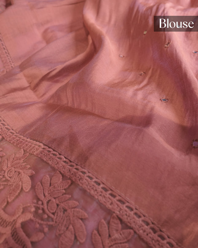 Mul Chanderi saree with Mirror work and lace Border -Rust
