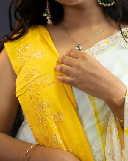 Soft Silk Crepe Shibori Print with Scallop Border-Yellow