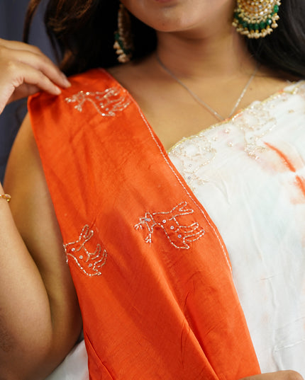 Soft Silk Crepe Shibori Print with Scallop Border-Orange