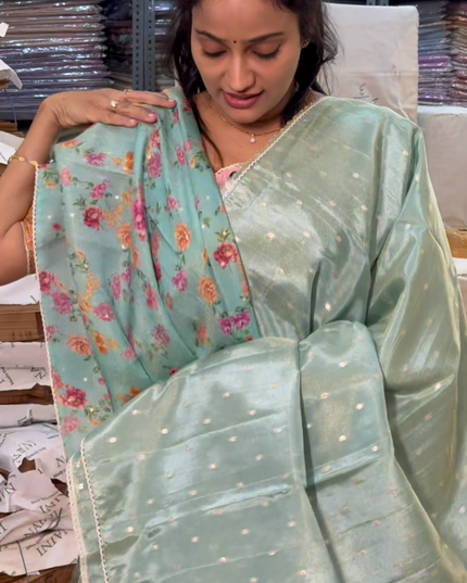 Tissue Georgette Saree With Small Golden Butties Border - Sea Green