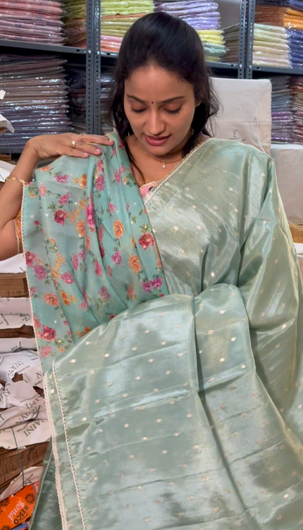 Tissue Georgette Saree With Small Golden Butties Border - Sea Green