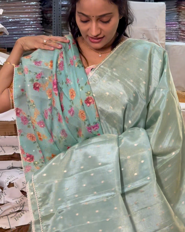 Tissue Georgette Saree With Small Golden Butties Border - Sea Green