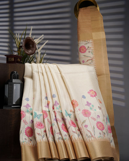 Tusser Weaving Checks Floral Print with Golden Border- Beige