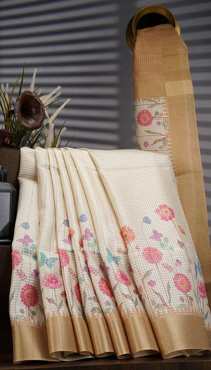Tusser Weaving Checks Floral Print with Golden Border- Beige