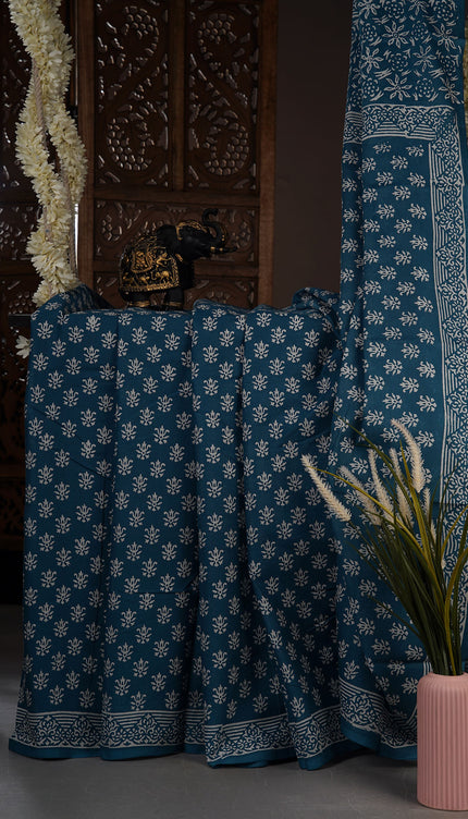 MulCotton Saree with Indigo Block Printed - Deep teal blue