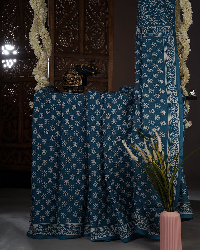 MulCotton Saree with Indigo Block Printed - Deep teal blue