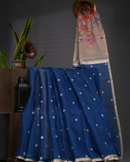Silk Kota Saree With Allover Silver Zari Butties And Gold Border - Blue