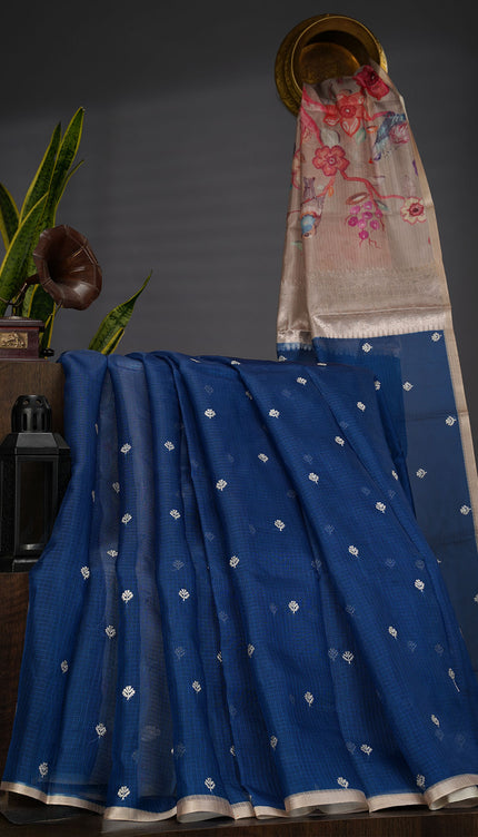 Silk Kota Saree With Allover Silver Zari Butties And Gold Border - Blue