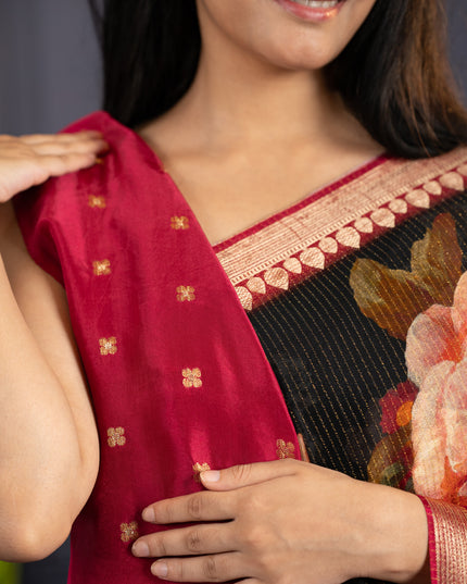 Korean crepe Saree with Floral Print With Golden Border- Mehandi Green