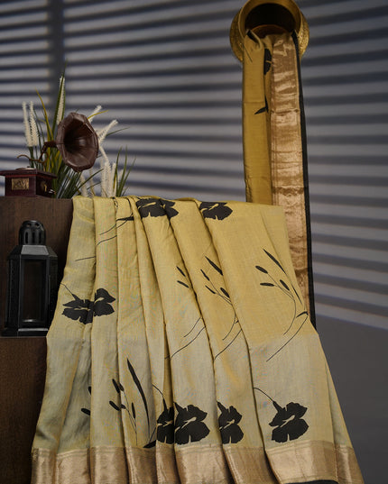 Muslin Silk Digital Print With Gold Zari Border - M Green