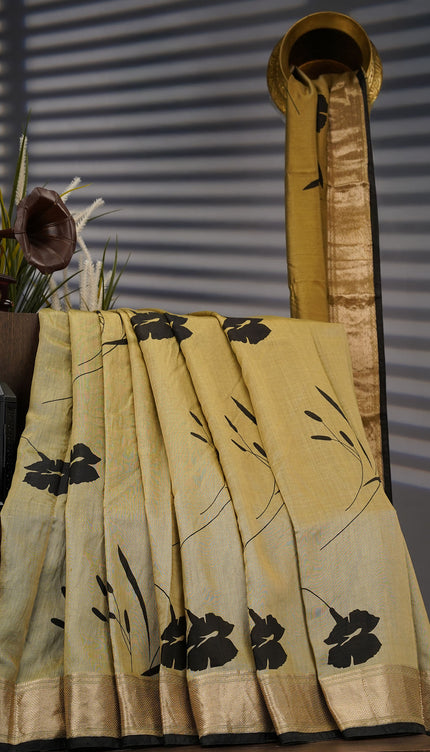 Muslin Silk Digital Print With Gold Zari Border - M Green