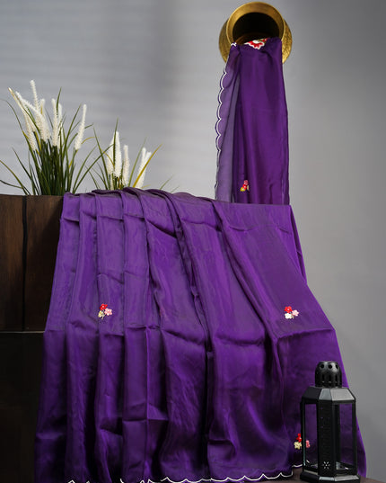 Italian Crepe thread Embroidery Buttis Scallop Border with Pearl Work - Violet