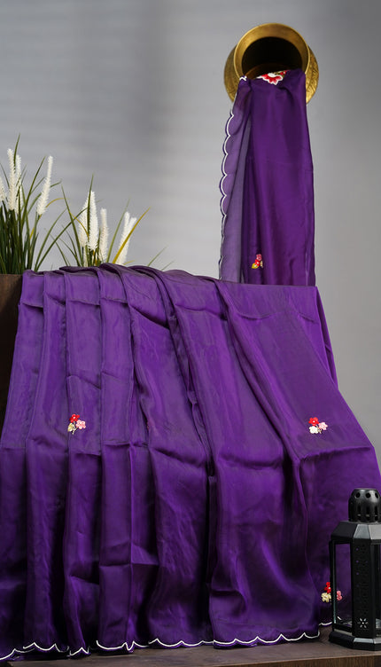 Italian Crepe thread Embroidery Buttis Scallop Border with Pearl Work - Violet