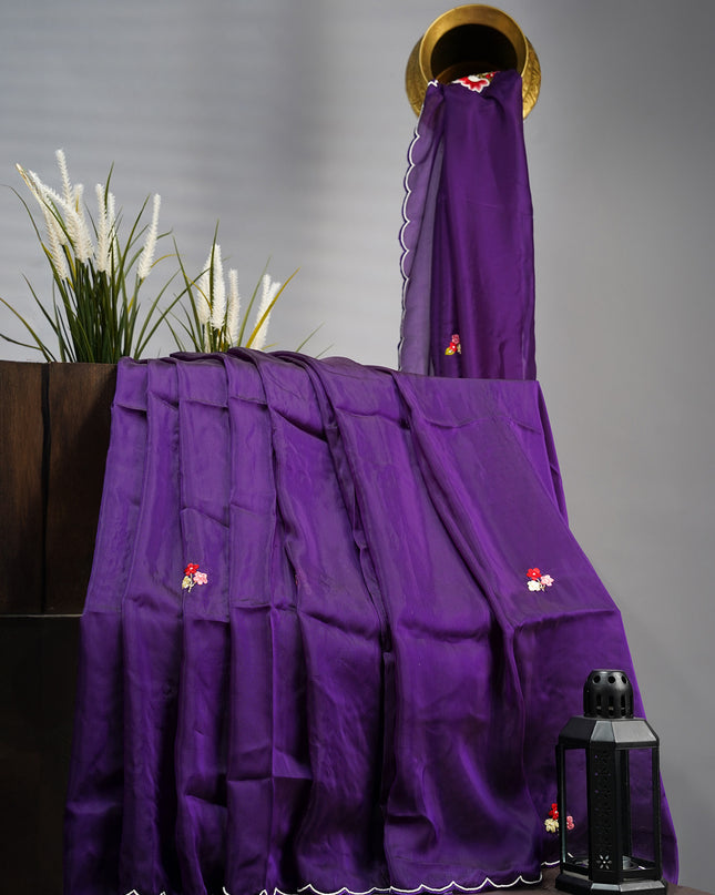 Italian Crepe thread Embroidery Buttis Scallop Border with Pearl Work - Violet