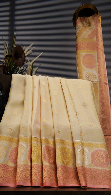 Tissue Banaras Saree with Gold Zari Butties and Contrast Border- Beige