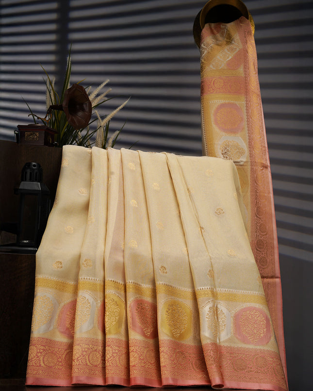 Tissue Banaras Saree with Gold Zari Butties and Contrast Border- Beige