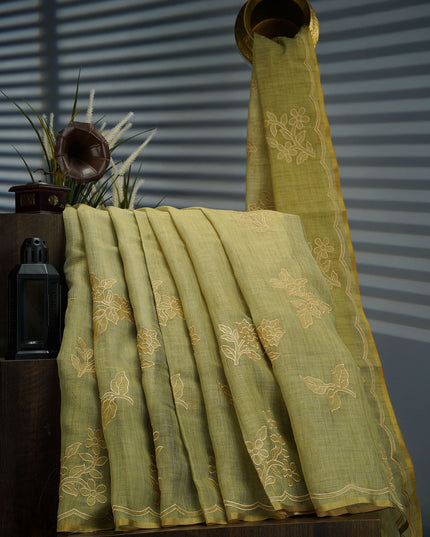 Tissue Lenin Saree with Applique Work- Pista Green