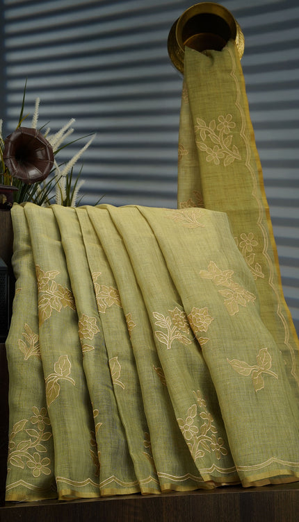 Tissue Lenin Saree with Applique Work- Pista Green