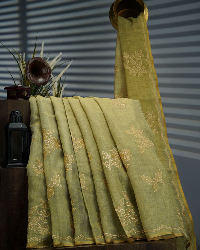 Tissue Lenin Saree with Applique Work- Pista Green