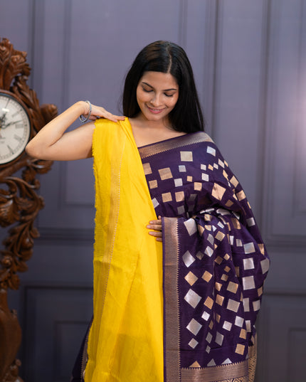 Banaras Silk Saree Gold & Silver Zari Butties and Border - Violet