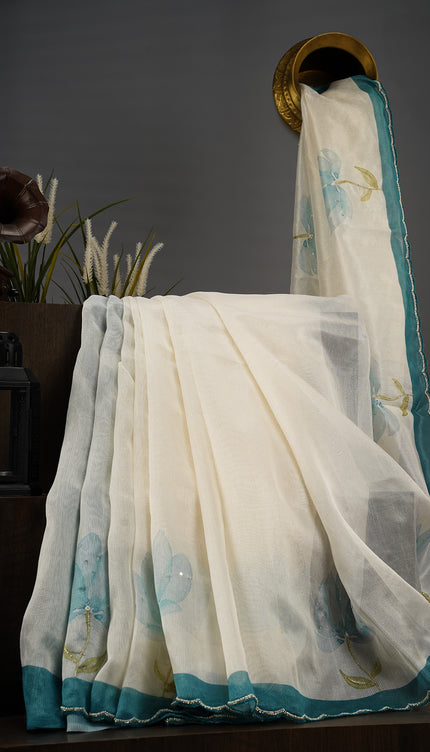 Jute Linen Tissue Floral Digital Print Scallop Border Kardana & Pearl Work - Sea Blue