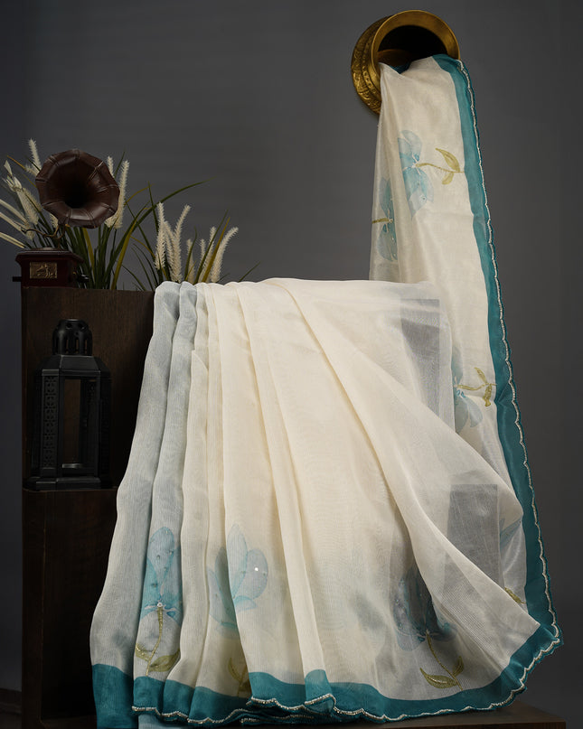 Jute Linen Tissue Floral Digital Print Scallop Border Kardana & Pearl Work - Sea Blue