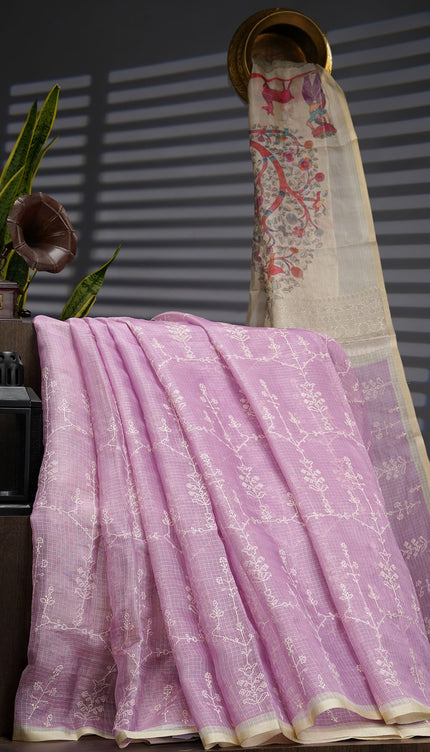 Silk Kota Saree With Allover Thread Work - Lavender