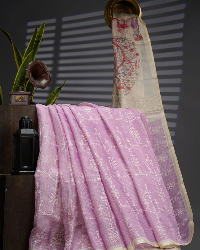 Silk Kota Saree With Allover Thread Work - Lavender