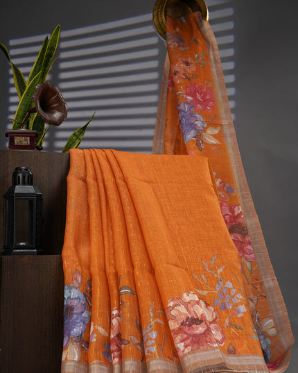Linen Silk Floral Pallu With Silver Zari Border - Mustard