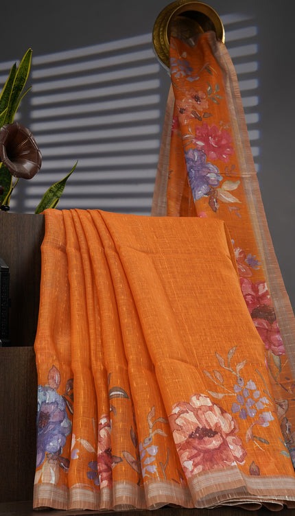 Linen Silk Floral Pallu With Silver Zari Border - Mustard