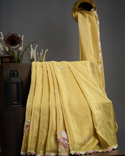 Tissue Crape Applique Work Buttis Scallop Border with Kardana & Pearl Work - Yellow