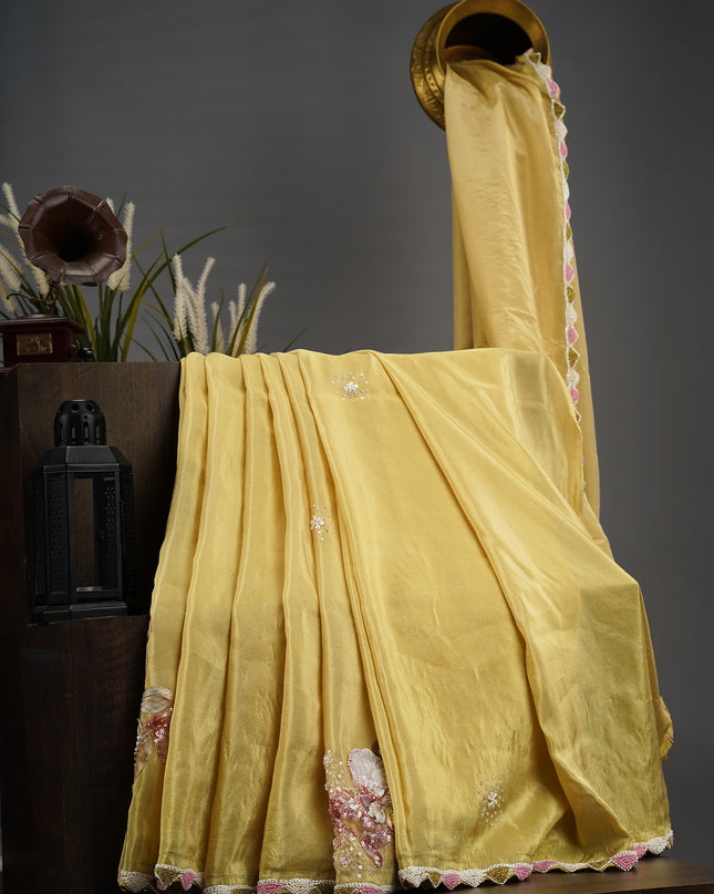 Tissue Crape Applique Work Buttis Scallop Border with Kardana & Pearl Work - Yellow
