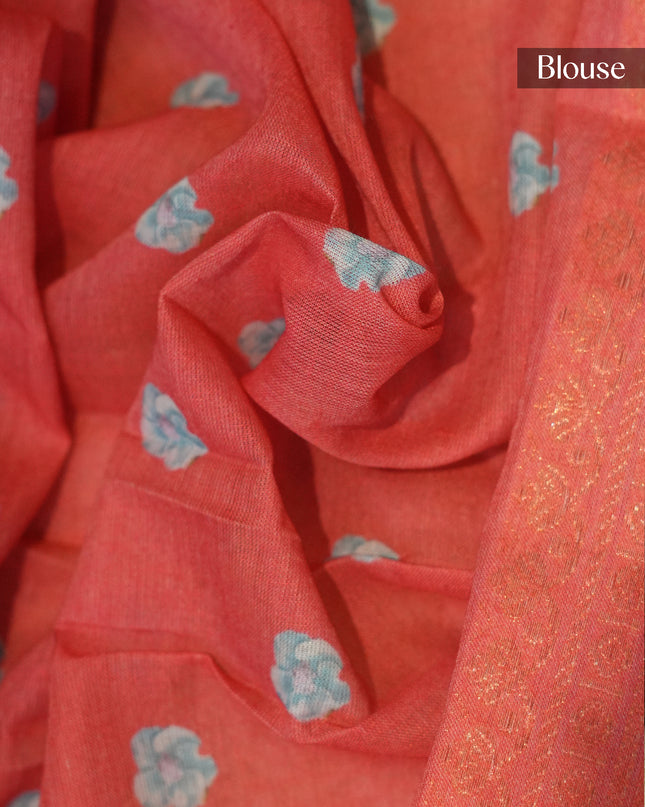 Mudra Cotton saree Floral Print with contrast Border - Cream & Pink