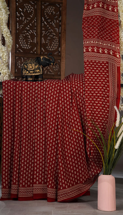 MulCotton Saree with  Block Printed - Marron