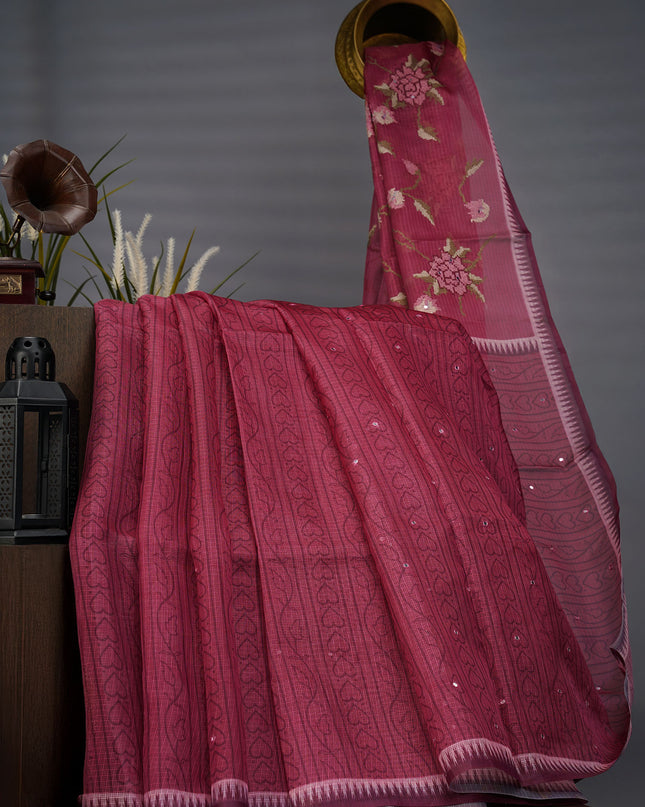 Silk Kota Lehariya Design With Mirror Work - Magenta