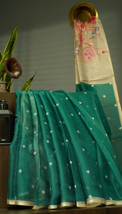 Silk Kota Saree With Allover Silver Zari Butties And Gold Border - Green