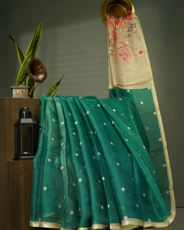 Silk Kota Saree With Allover Silver Zari Butties And Gold Border - Green