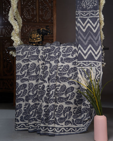 Cotton saree with Bagru printed - Dark Grey