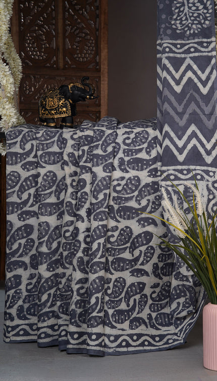 Cotton saree with Bagru printed - Dark Grey