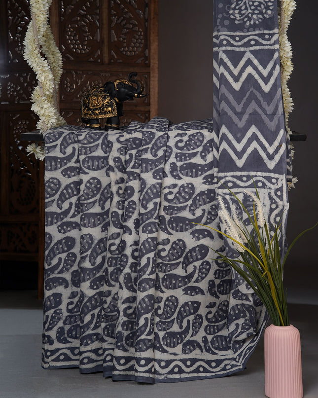 Cotton saree with Bagru printed - Dark Grey