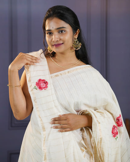 Soft Chanderi Silk Saree With  Thread Embroidery Butties - White