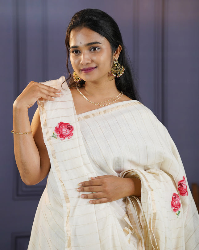 Soft Chanderi Silk Saree With  Thread Embroidery Butties - White