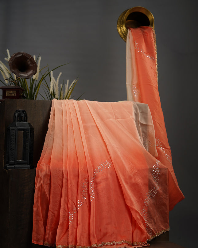 Italian Crape Sequence Work With Scallop Border Kardana Work - Orange