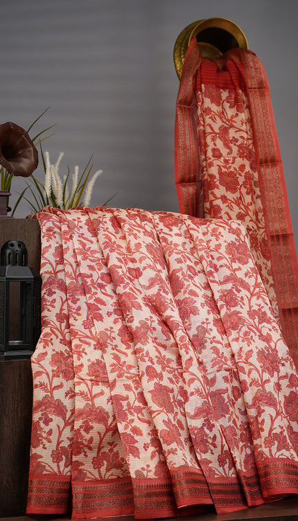 Chanderi Silk Allover Print With Antique Zari Border - Pink