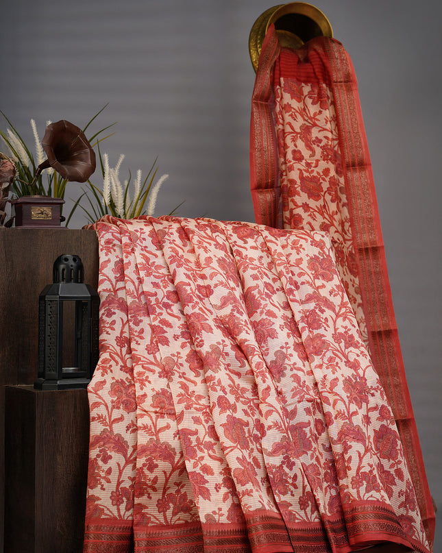 Chanderi Silk Allover Print With Antique Zari Border - Pink