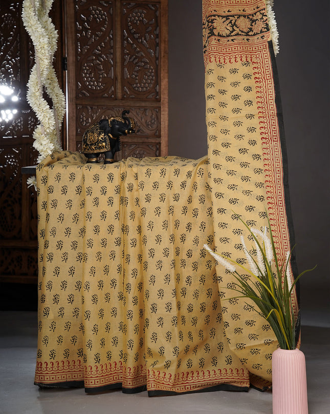 Mul cotton saree with block print and contrast border - Beige