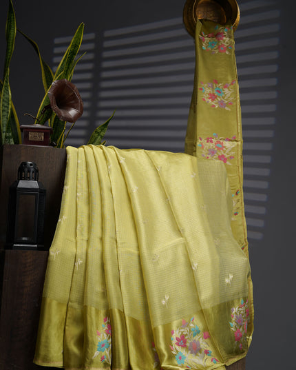 Munga Kota Silk With Silver Butties And Satin Boarder With Meenakari - Light Yellow