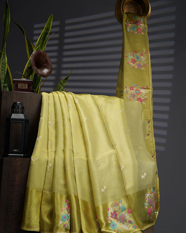 Munga Kota Silk With Silver Butties And Satin Boarder With Meenakari - Light Yellow